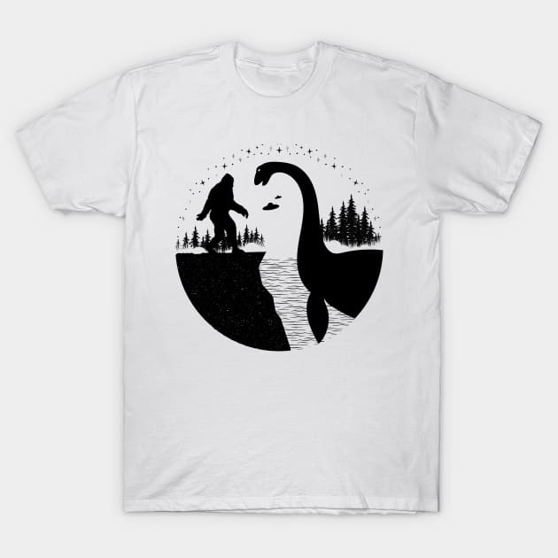 Bigfoot Loch Ness Monster Nessie Silhouette T-Shirt by Tesszero